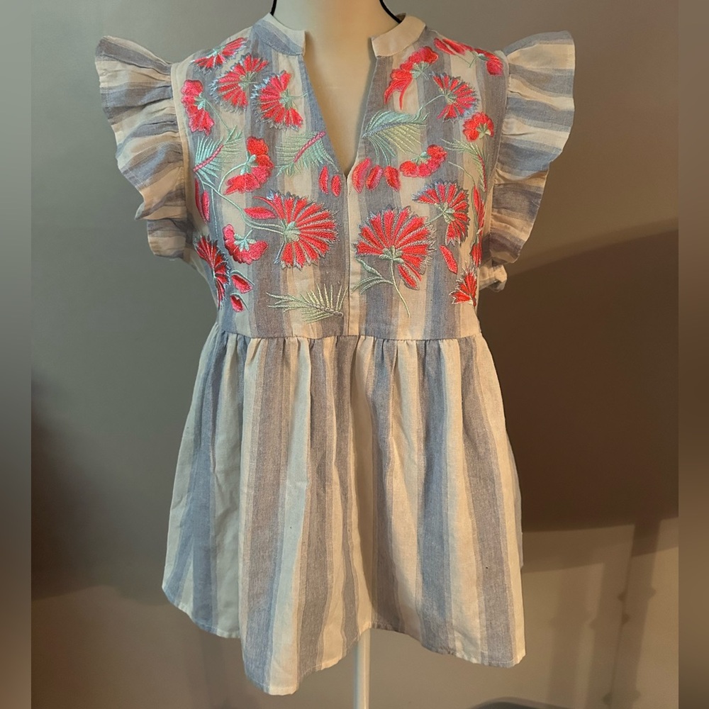 entro Blue and White Striped Flutter Sleeve Tunic with Pink Floral Embroidery